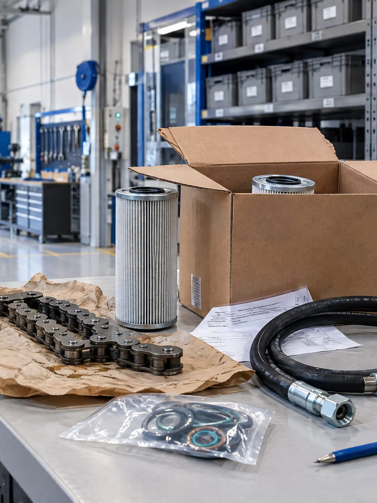 Utpakket deleordre på en verkstedbenk: hydraulikkfilter i eske, kjede, hydraulikkslange og pakninger