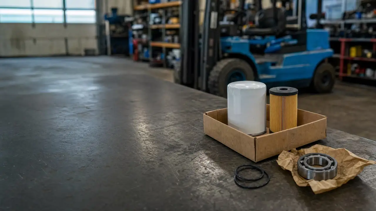 Filtre i en eske, et kulelager og O-ringer på en verkstedbenk med en truck i bakgrunnen